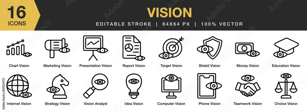 Set of 16 Vision icon set. Editable Stroke Icon Collection. Includes ...