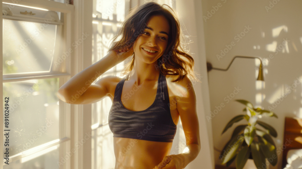 A young athletic girl stands at the window in the sunlight and prepares for a morning workout. Morning treatments. The scene looks happy A young athletic girl stands at the window in the sunlight and prepares for a morning workout. Morning treatments. The scene looks happy