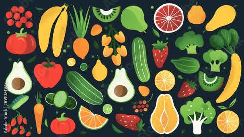 Flat vector illustration of a variety of fruits and vegetables, arranged in a cohesive, decorative pattern
