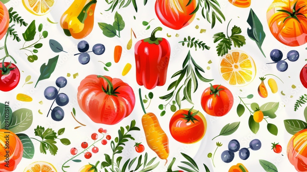 Seamless pattern featuring colorful illustrations of fresh produce and herbs, perfect for kitchen decor Seamless pattern featuring colorful illustrations of fresh produce and herbs, perfect for kitchen decor
