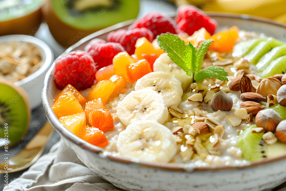 A bowl of oatmeal topped with fruits and nuts A bowl of oatmeal topped with fruits and nuts