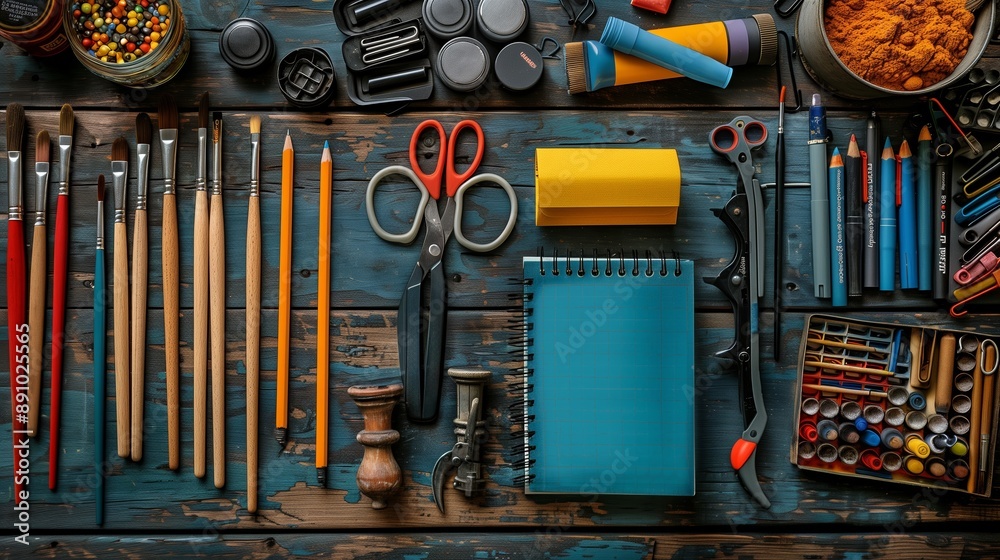 Colorful Art Supplies Laid Out on a Weathered Wooden Table Colorful Art Supplies Laid Out on a Weathered Wooden Table