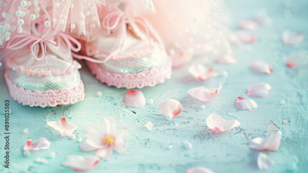 A woman in a pink dress is sitting in a pool of water with pink petals on the ground A woman in a pink dress is sitting in a pool of water with pink petals on the ground