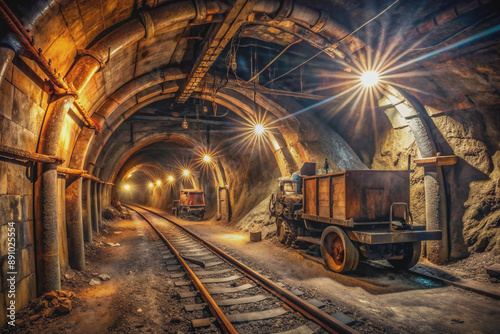 Dimly lit underground copper mine tunnel with rusty old machinery, iron ore carts, and worn equipment, illuminated by faint headlamps and flickering fluorescent lights.