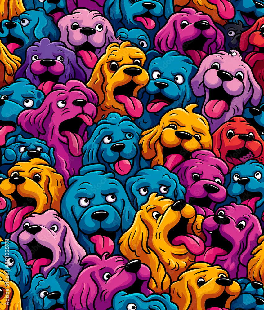 A colorful drawing of dogs with tongues out. The dogs are in various colors and sizes, and they all have their tongues out. The image has a playful and fun mood, as the dogs are all smiling A colorful drawing of dogs with tongues out. The dogs are in various colors and sizes, and they all have their tongues out. The image has a playful and fun mood, as the dogs are all smiling