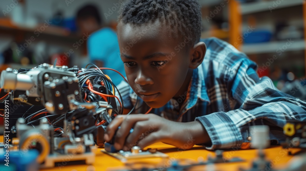 Young inventor engaged in robotic project, surrounded by wires and components, showcasing focus and creativity in a hands-on learning environment. Young inventor engaged in robotic project, surrounded by wires and components, showcasing focus and creativity in a hands-on learning environment.