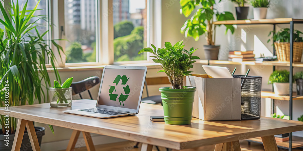 A serene workspace with a recycling bin, potted plants, and a wooden desk with a laptop and notes on sustainable development goals. A serene workspace with a recycling bin, potted plants, and a wooden desk with a laptop and notes on sustainable development goals.