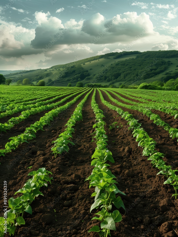 Rows of leafy green vegetables stretch across the fertile farmland under a vast blue sky Rows of leafy green vegetables stretch across the fertile farmland under a vast blue sky