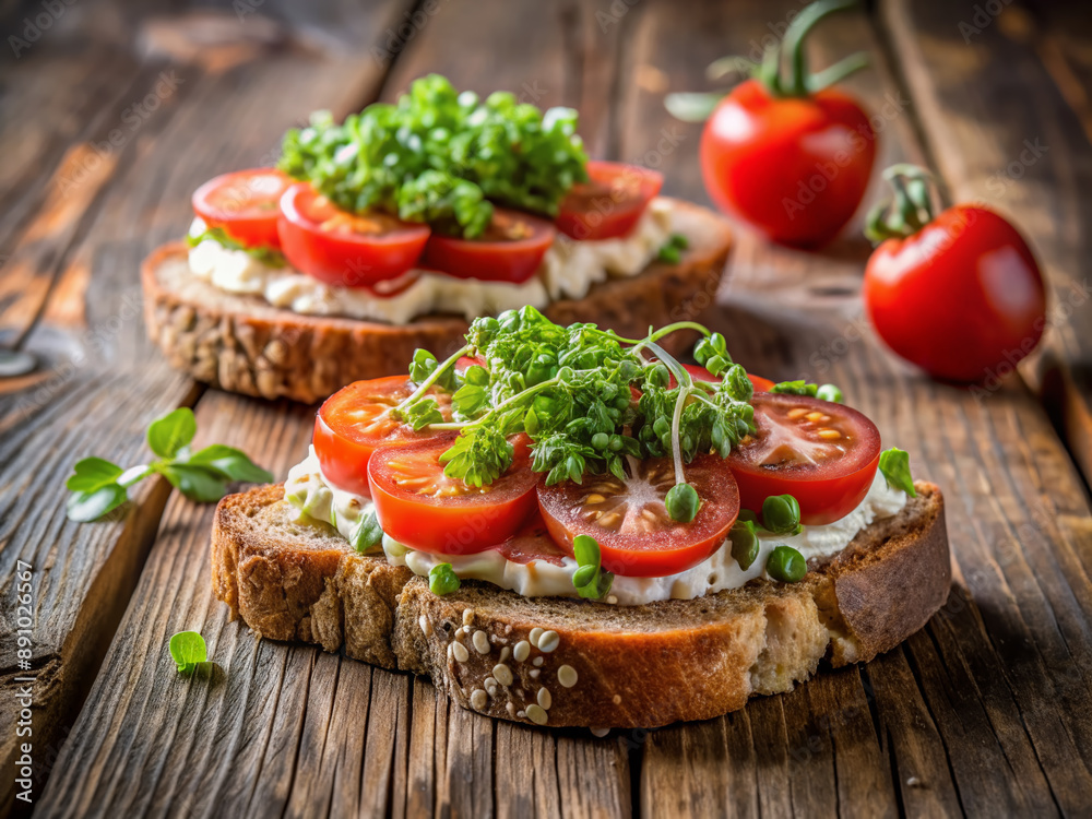 Freshly baked sprouted bread sliced to reveal a vibrant sandwich filling of crisp greens, juicy tomato, and creamy spread, against a rustic wooden backdrop. Freshly baked sprouted bread sliced to reveal a vibrant sandwich filling of crisp greens, juicy tomato, and creamy spread, against a rustic wooden backdrop.