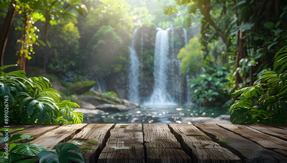 A wooden platform in front of a waterfall in a jungle A wooden platform in front of a waterfall in a jungle