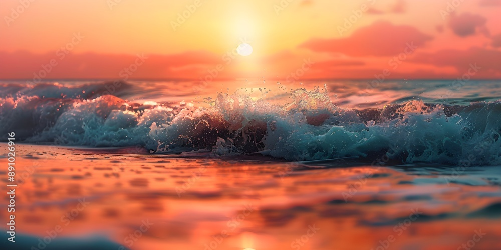 Curved waves gently crashing on the shore at sunset, vibrant orange and pink sky, serene moment Curved waves gently crashing on the shore at sunset, vibrant orange and pink sky, serene moment