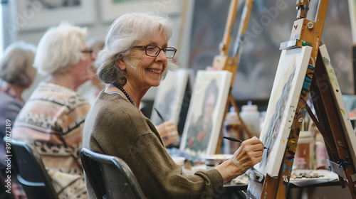 Senior Women Enjoying Art Class and Painting Together