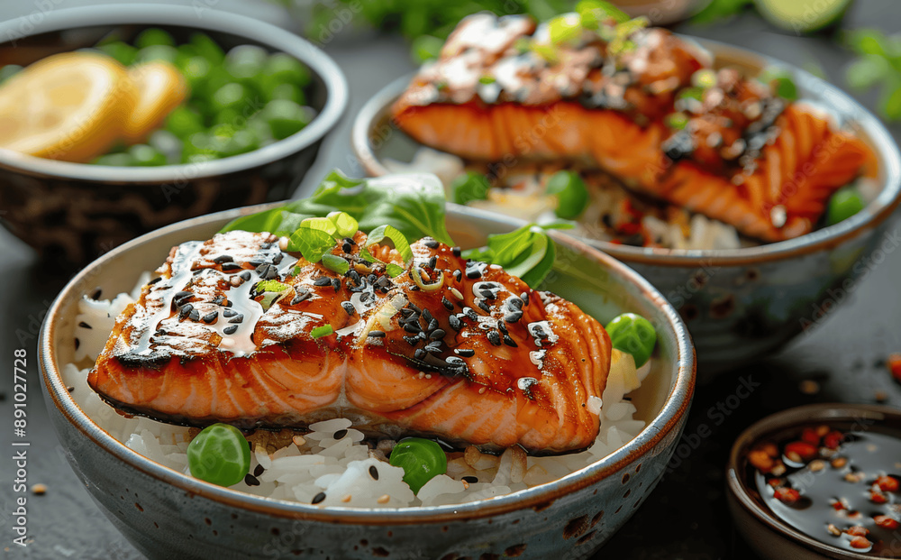 Closeup of Grilled Salmon and Rice in Japanese Style Bowl on Dark Background Closeup of Grilled Salmon and Rice in Japanese Style Bowl on Dark Background