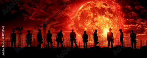 A group of construction workers are silhouetted against a red sky with a large orange moon. Scene is one of danger and uncertainty, as the workers are in the midst of a potentially hazardous situation photo