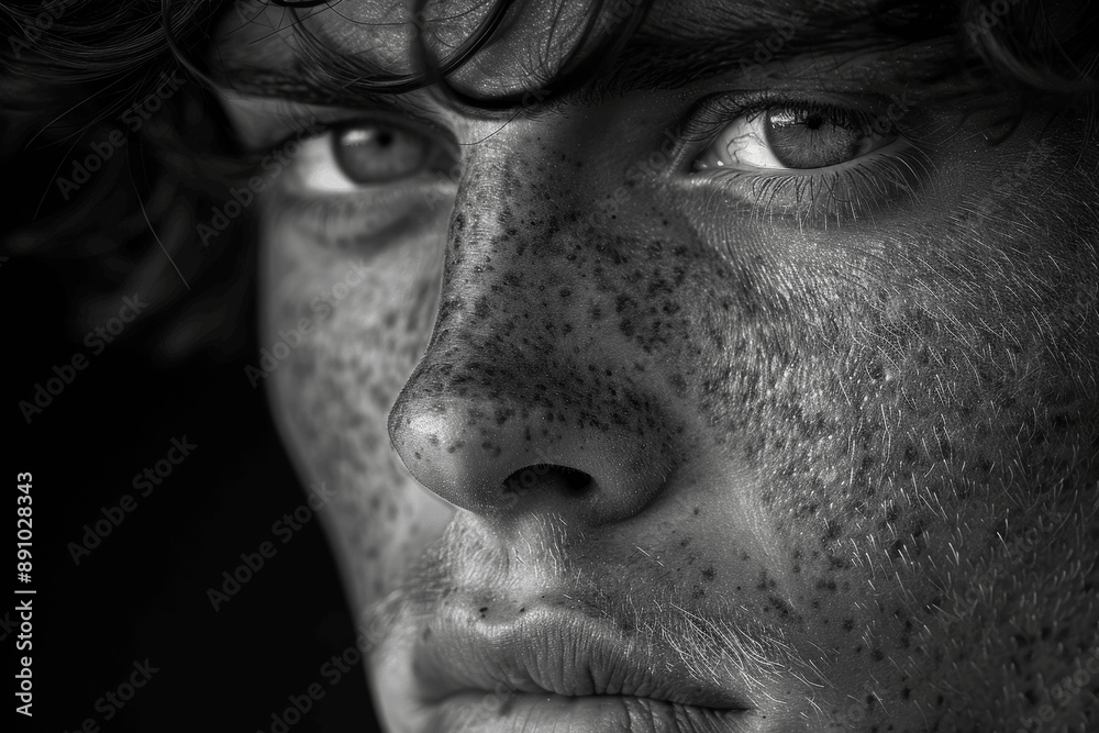 black and white close up portrait of sad man with freckles black and white close up portrait of sad man with freckles