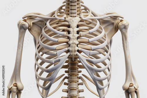 Detailed anatomical illustration of human rib cage skeleton on white background, showcasing twelve pairs of curved ribs and sternum in precise artistic detail.