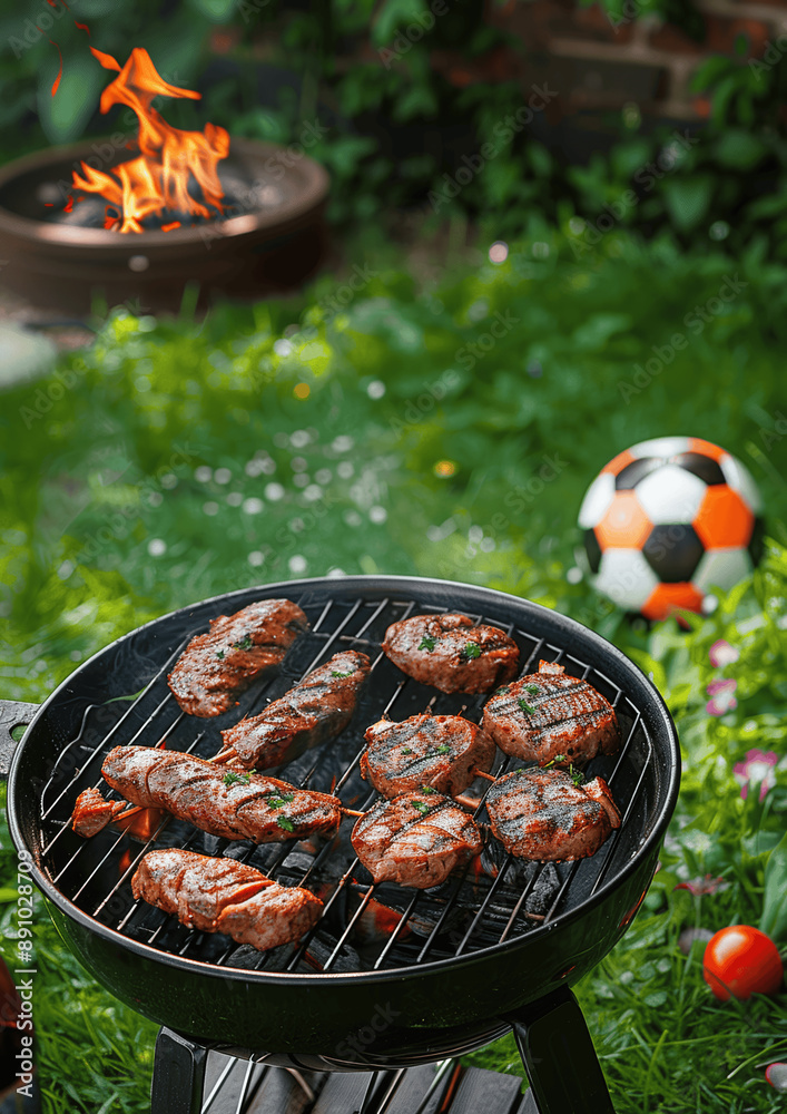 Fototapeta premium Delicious Grilled Meat with Vegetables BBQ on Charcoal with Soccer Ball in Green Meadow Background