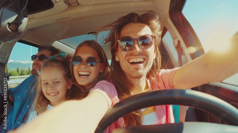 Happy Family Taking Selfie in Car Happy Family Taking Selfie in Car