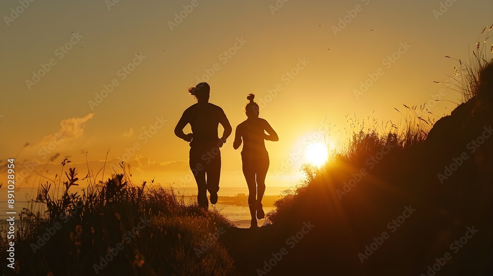 Sunrise run with a couple, their silhouettes highlighting their morning training