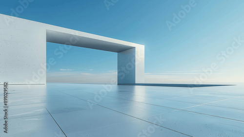 3D Modern Minimalist White Architecture with Concrete Floor and Blue Sky Background © btiger