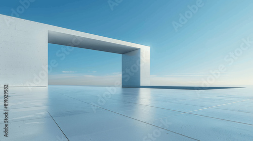 3D Modern Minimalist White Architecture with Concrete Floor and Blue Sky Background