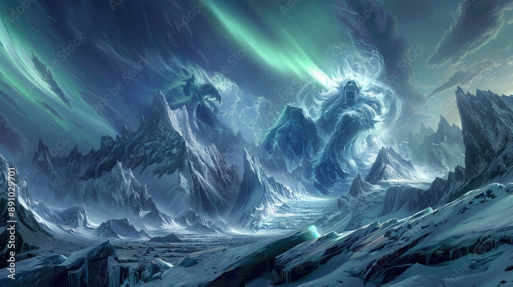 Titans of thunder and frost engaged in a monumental clash amidst a landscape of towering glaciers and jagged peaks under a swirling aurora. Titans of thunder and frost engaged in a monumental clash amidst a landscape of towering glaciers and jagged peaks under a swirling aurora.