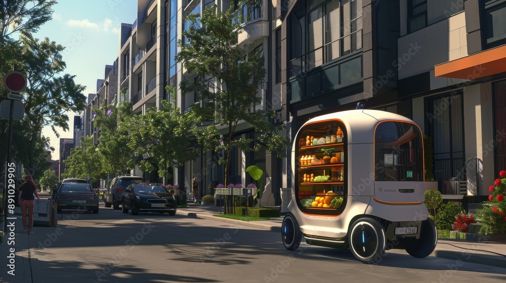 Fototapeta premium A robot transporting groceries in a built-in compartment through a busy neighborhood