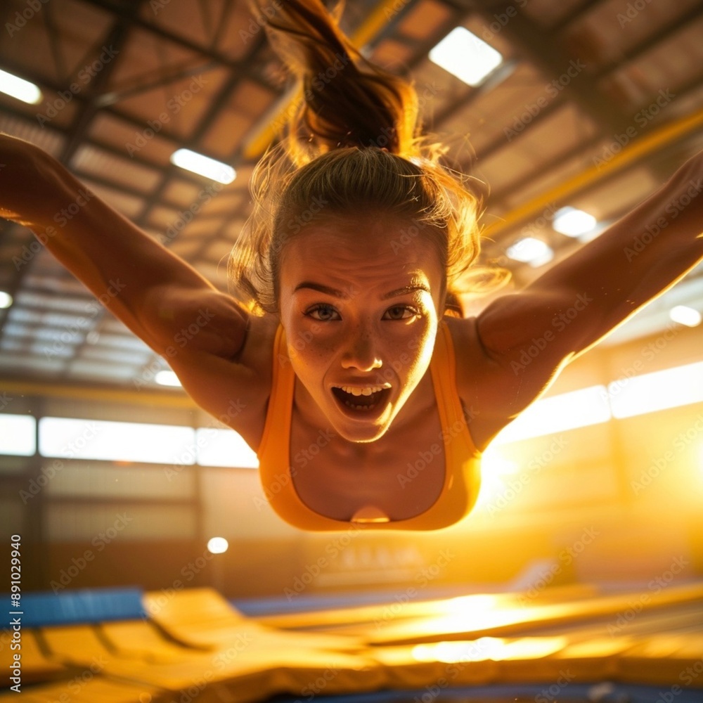 A gymnast in mid-air during a trampoline routine, with an expression of ...