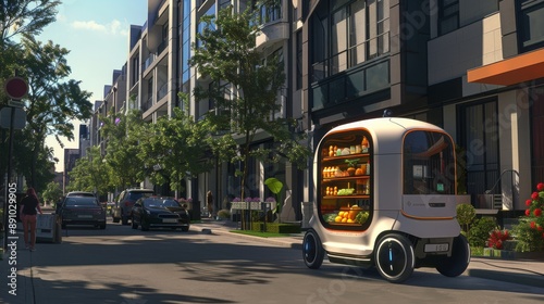 A robot transporting groceries in a built-in compartment through a busy neighborhood
