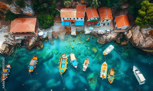 quaint fishing village in Turkey, with colorful boats docked along a rustic pier and traditional buildings overlooking the sea © Lucky Vision