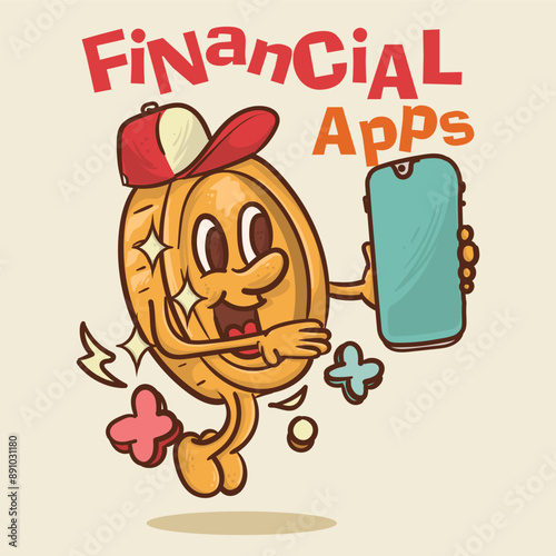 financial apps concept. shine coin mascot with face holding smartphone nad show finance apps concept.vintage style money mascot cartoon character vector illustration