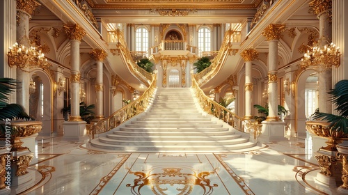 Grand staircase in a luxurious palace with marble floors and golden details.