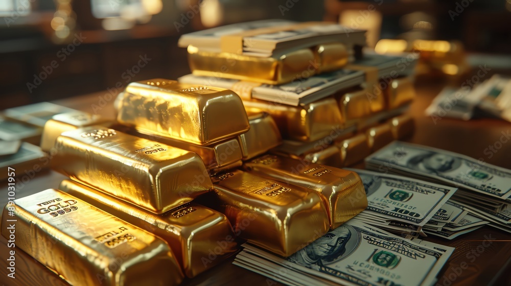 Gold bars and US dollar bills on a table, representing wealth and prosperity. Gold bars and US dollar bills on a table, representing wealth and prosperity.