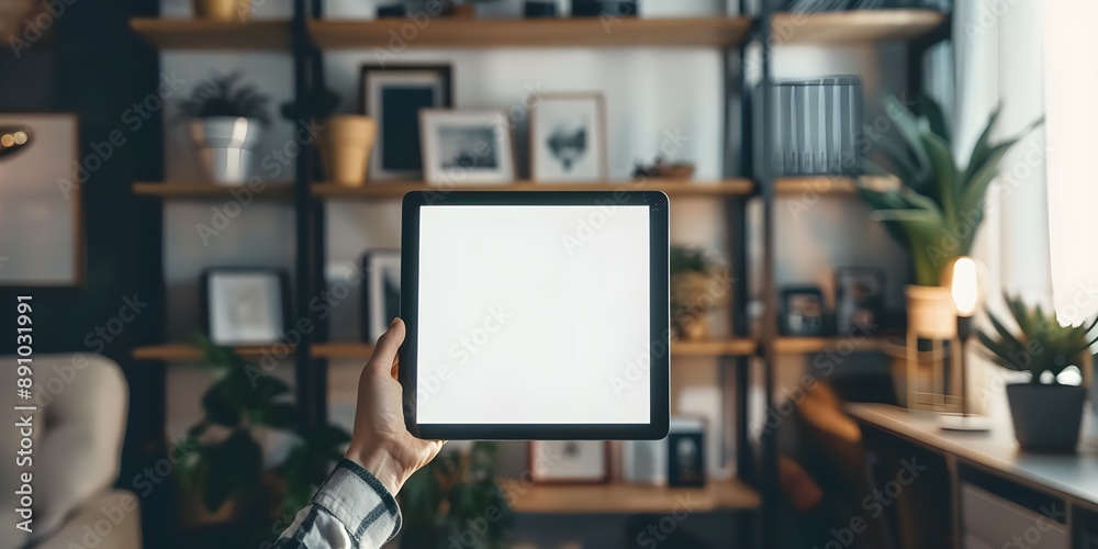 Executive displaying mockup iPad digital tablet with blank screen in modern corporate workspace. Personalize with your content Executive displaying mockup iPad digital tablet with blank screen in modern corporate workspace. Personalize with your content