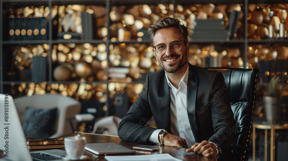 Confident businessman in a suit sitting at a desk in a modern office. Confident businessman in a suit sitting at a desk in a modern office.