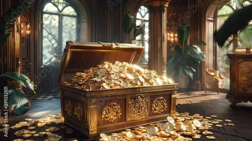 A treasure chest overflowing with gold coins in a luxurious setting.