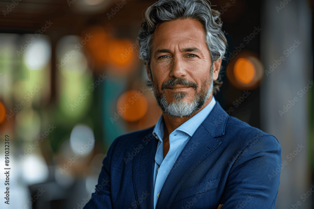 Fototapeta premium Confident Mature Middle-Aged Businessman Smiling in Office with Gray Hair and Goatee Wearing Blue Suit