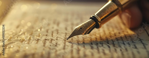 Close up of gold fountain pen on blue paper.
