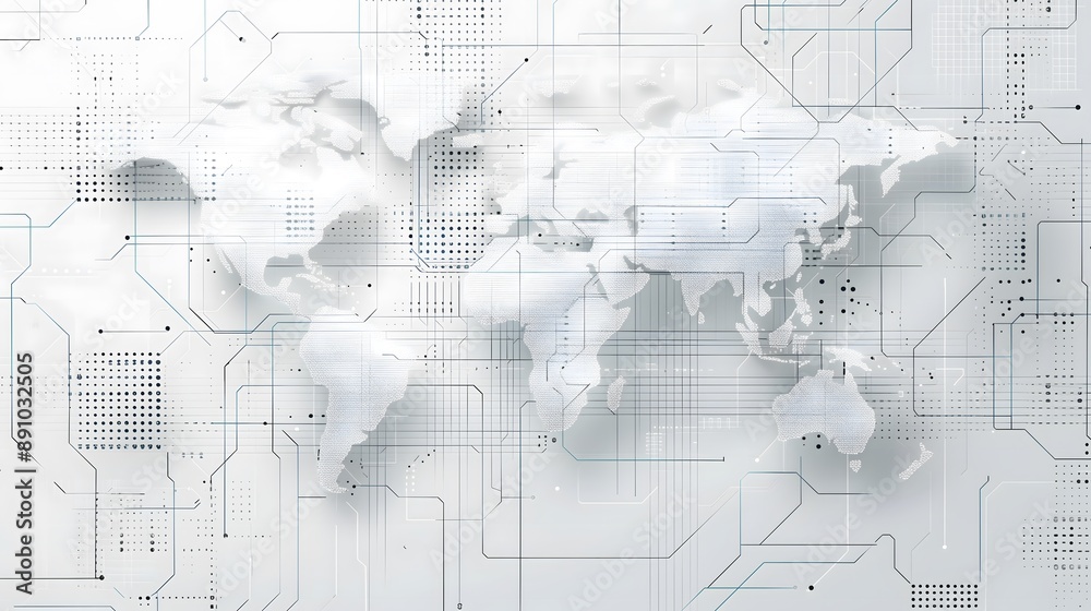 Obraz premium Abstract Digital World Map with Geometric Network Connections and Data Elements_