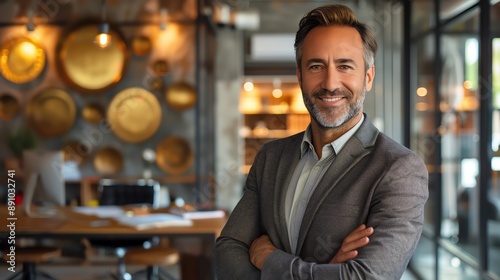 Confident businessman smiling with arms crossed in a modern office.