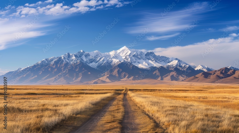 Fototapeta premium Dirt Road Leading to Snowy Mountain Range