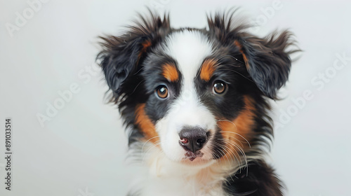 Close-up portrait of a six-week old tri-colored Australian Shepherd puppy on a simple white background.