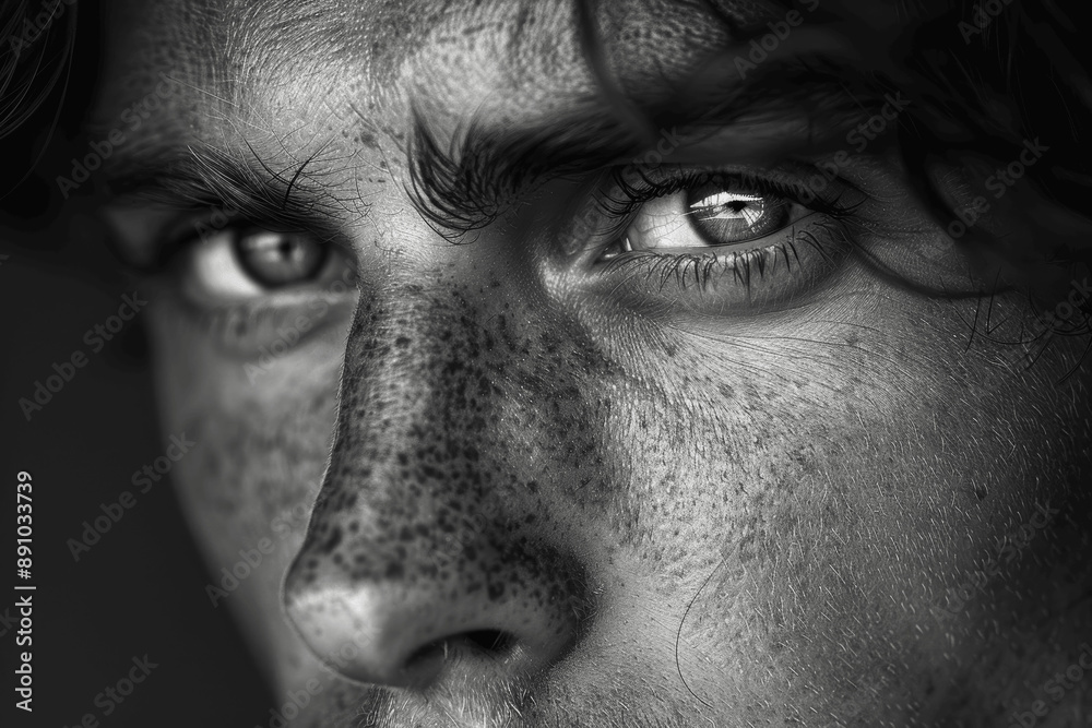 Naklejka premium black and white photography of face with freckles on nose dark background sad expression