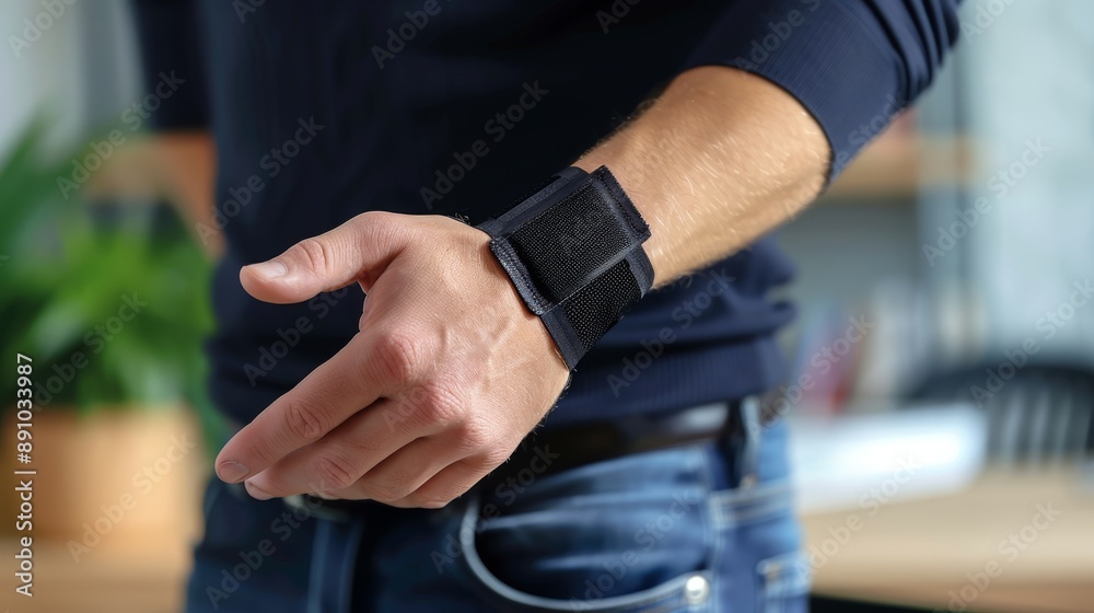Fototapeta premium Person with carpal tunnel syndrome wearing a wrist brace