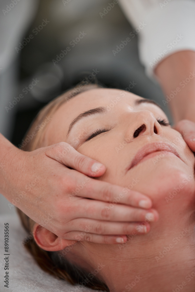 Woman, spa and hands for facial therapy, inflammation and pamper skincare for beauty or detox. Mature person, relax and circulation at hotel salon for smooth skin, treatment and massage for health Woman, spa and hands for facial therapy, inflammation and pamper skincare for beauty or detox. Mature person, relax and circulation at hotel salon for smooth skin, treatment and massage for health