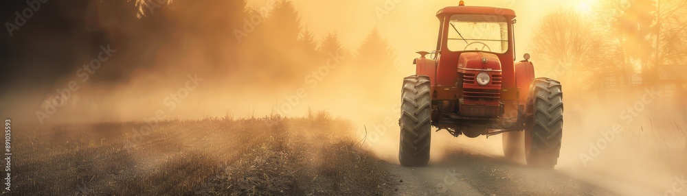 A red tractor is parked in a field of autumn leaves. The tractor is surrounded by a blurry background, giving the image a dreamy, nostalgic feel A red tractor is parked in a field of autumn leaves. The tractor is surrounded by a blurry background, giving the image a dreamy, nostalgic feel
