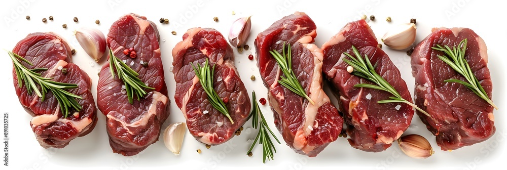 Selection of raw marbled beef steaks with garlic and rosemary, isolated on white Selection of raw marbled beef steaks with garlic and rosemary, isolated on white