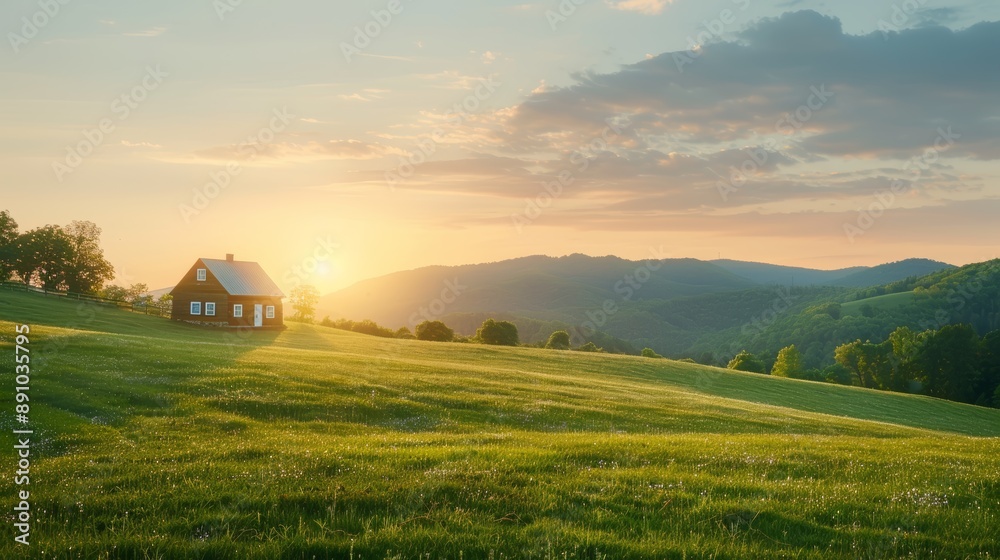 Sunset Over Countryside Cabin with Rolling Hills Sunset Over Countryside Cabin with Rolling Hills