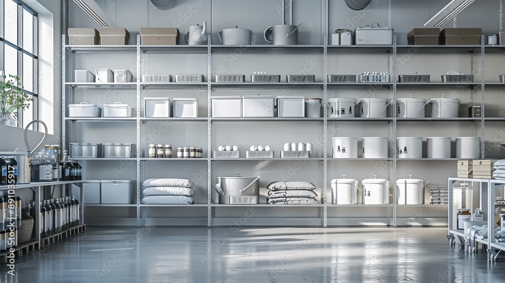 A minimalist store room with sleek metal shelving, clear plastic containers, and a monochrome color scheme for a clean, organized look. A minimalist store room with sleek metal shelving, clear plastic containers, and a monochrome color scheme for a clean, organized look.