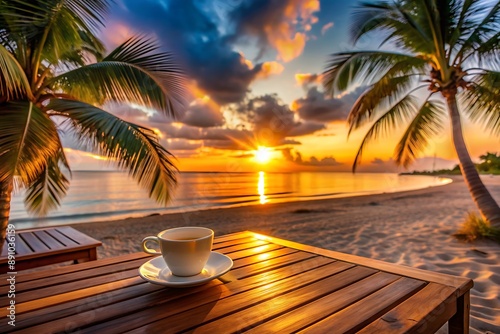 Fototapeta Naklejka Na Ścianę i Meble -  Coffee on the Beach at Sunset.